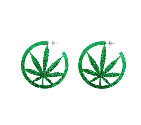 Green Glitter Marijuana Leaf Earrings
